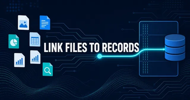 Flat vector header of file icons linking to a LIMS record with the headline Link Files to Records
